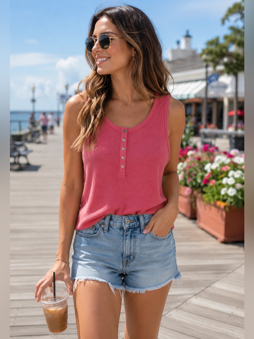 Calvin Klein Jeans Pink Waffle Knit Button Tank Top Women’s Large